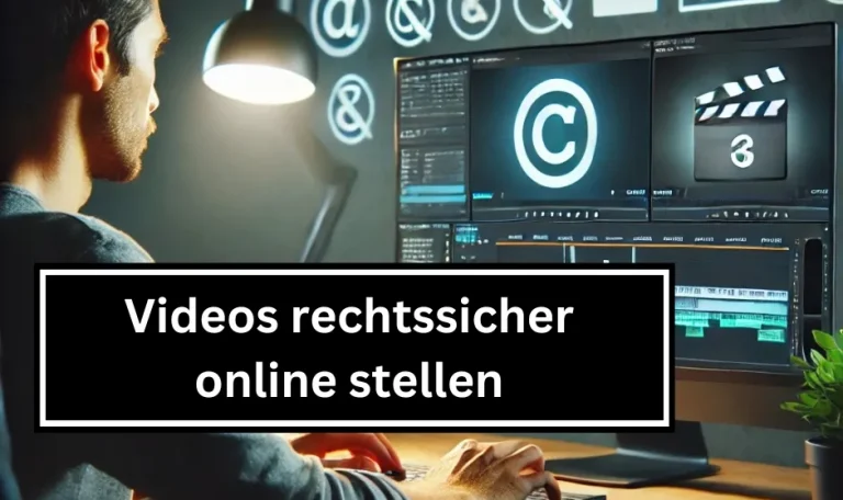 Ein Content Creator sitzt vor dem Computer und bearbeitet ein Video, während auf dem Bildschirm Symbole für Urheberrecht, Markenrecht und Werbung zu sehen sind.